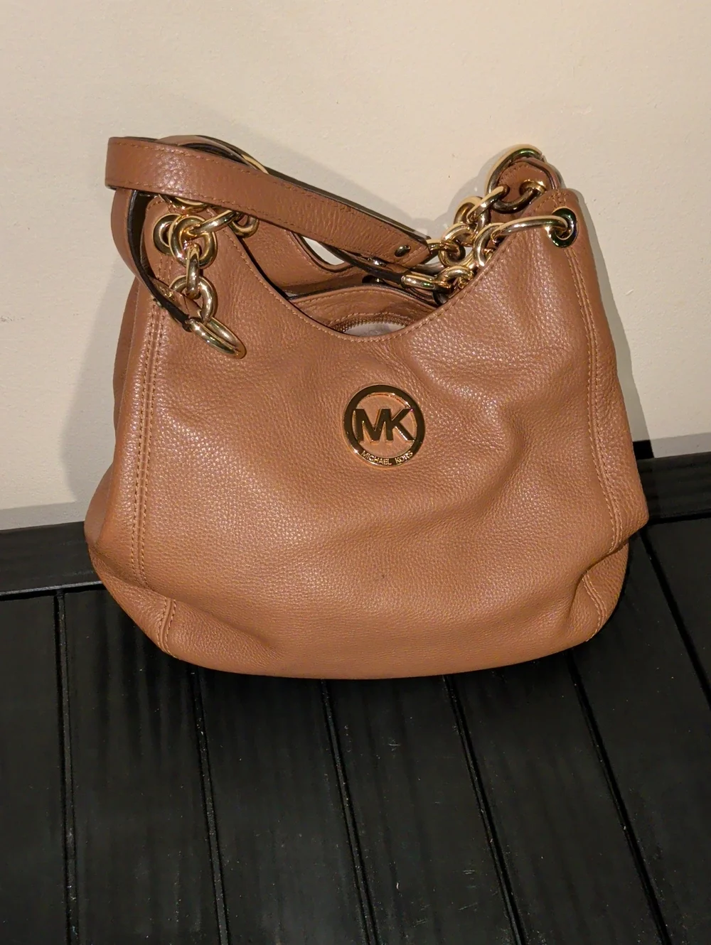Michael Kors Cognac Pebbled Leather Shoulder Hobo with Gold Logo